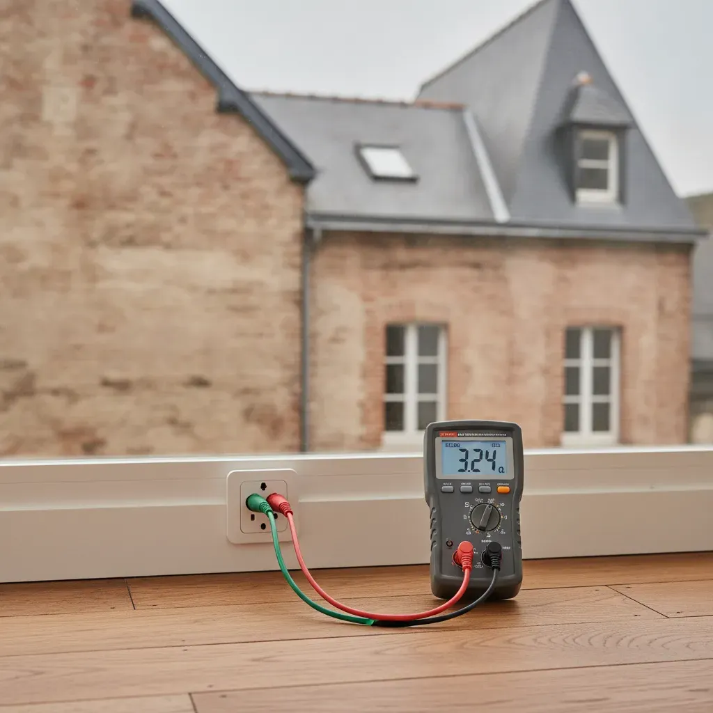 Appareil de mesure de résistance de terre branché sur une prise murale.