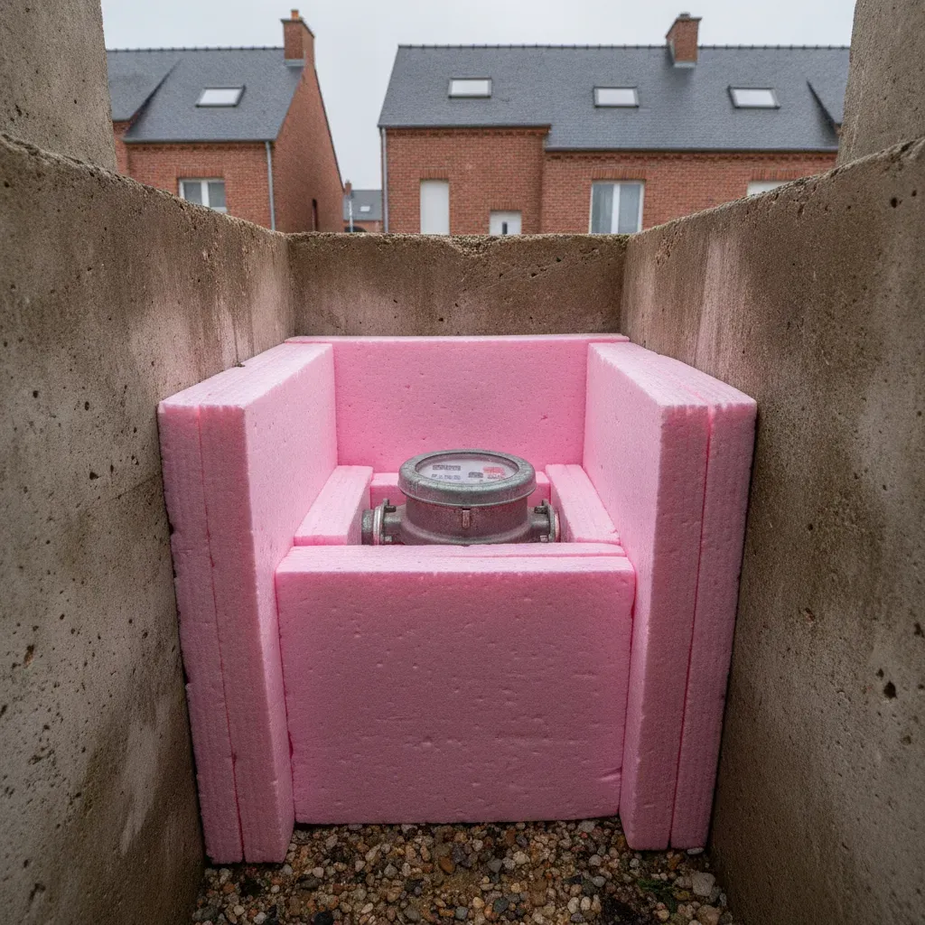 Compteur d'eau extérieur protégé par des plaques d'isolant en polystyrène extrudé rose.