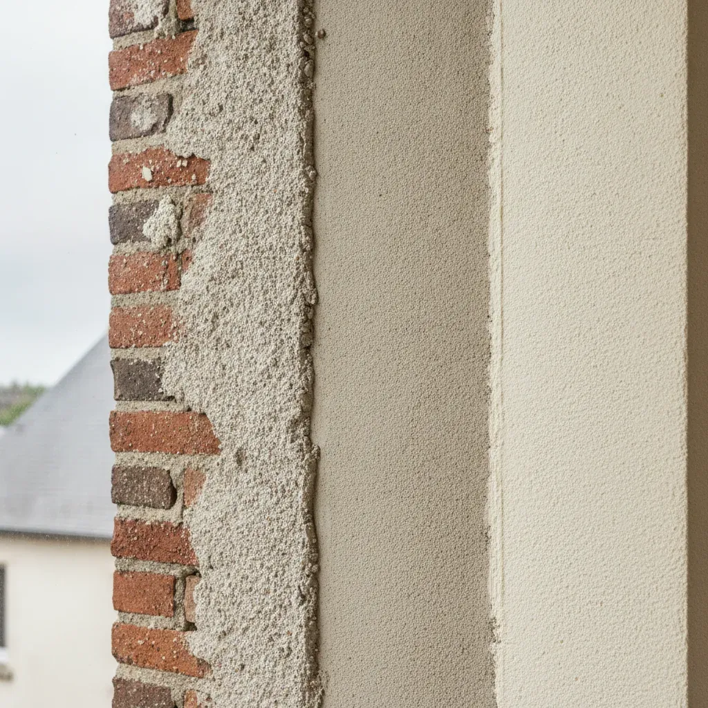 Détail des trois couches successives d'un enduit traditionnel à la chaux