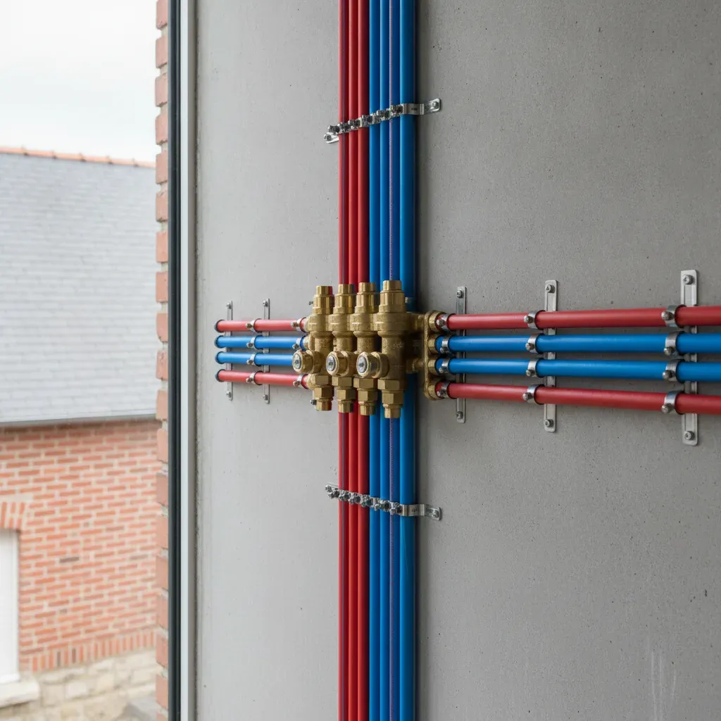 Réseau de distribution de plomberie avec tuyaux multicouches bleus et rouges raccordés à un collecteur en laiton.