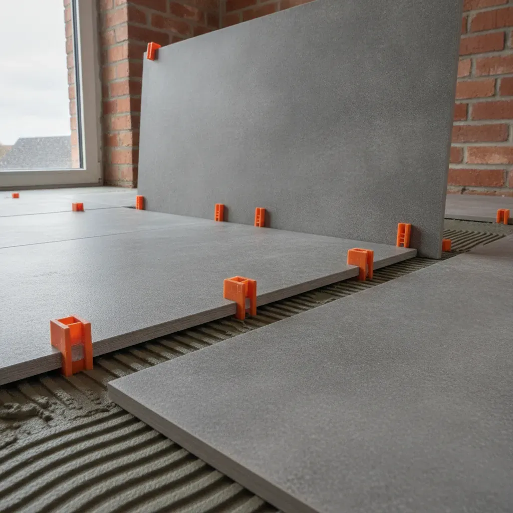 Pose de grands carreaux de carrelage en grès cérame gris au sol avec des croisillons autonivelants orange.