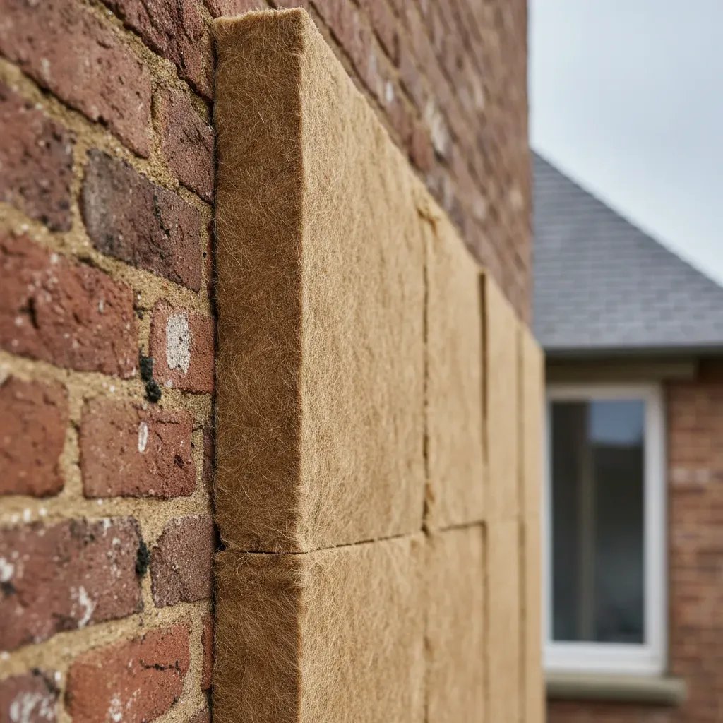 Close-up of wood fiber insulation panels installed on a brick wall.