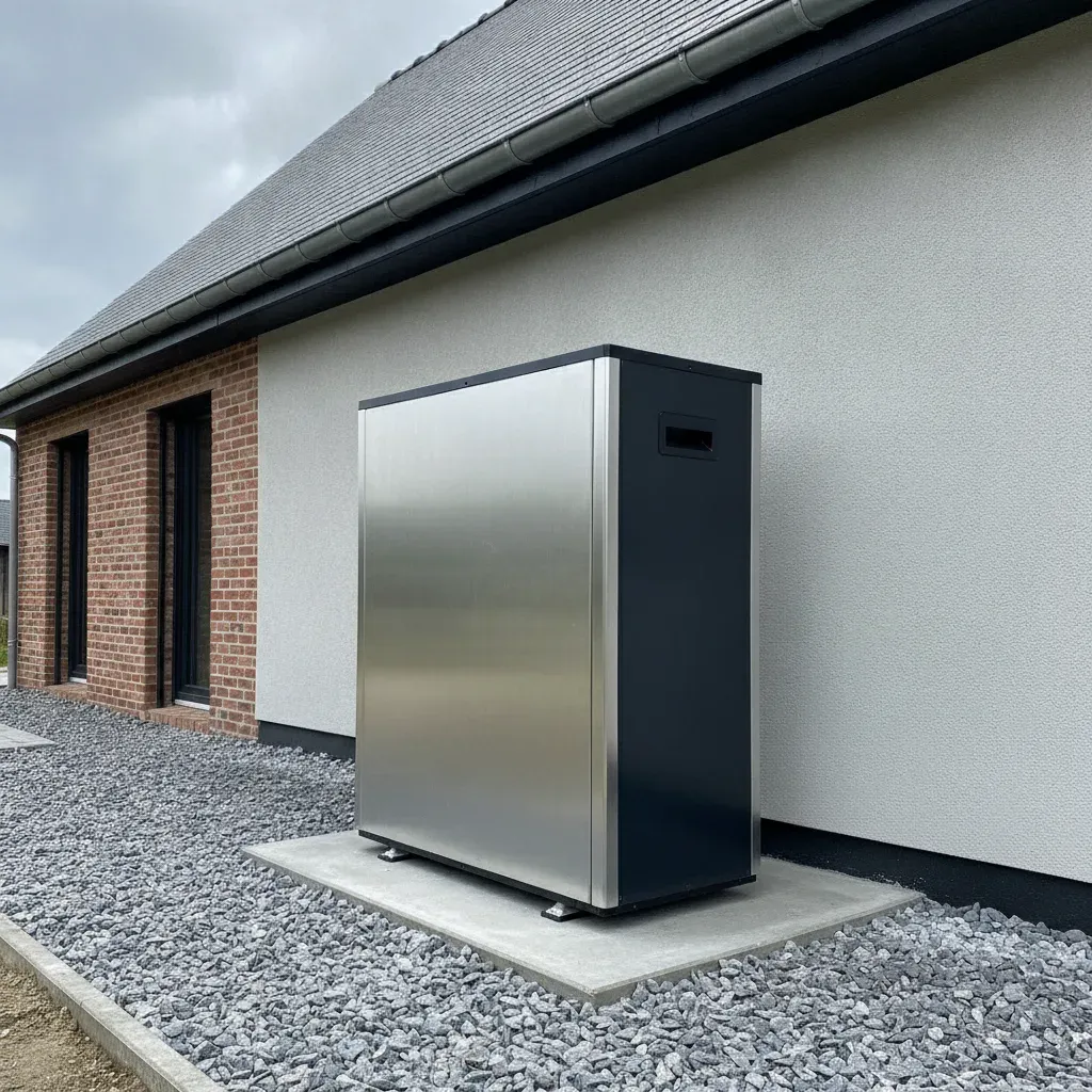 Sleek outdoor heat pump unit installed against a clean house wall.