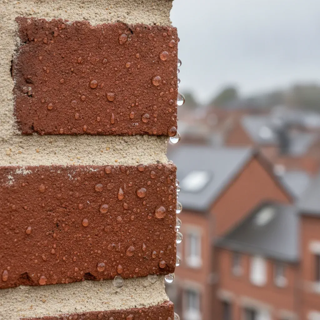 Effet perlant de l'eau sous forme de gouttes sur une brique hydrofugée.
