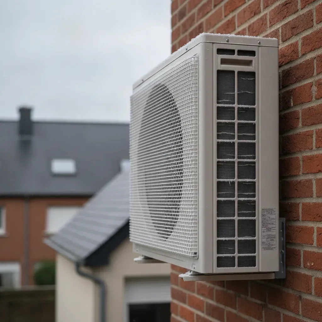 Unité extérieure de pompe à chaleur givrée par grand froid contre un mur en briques.