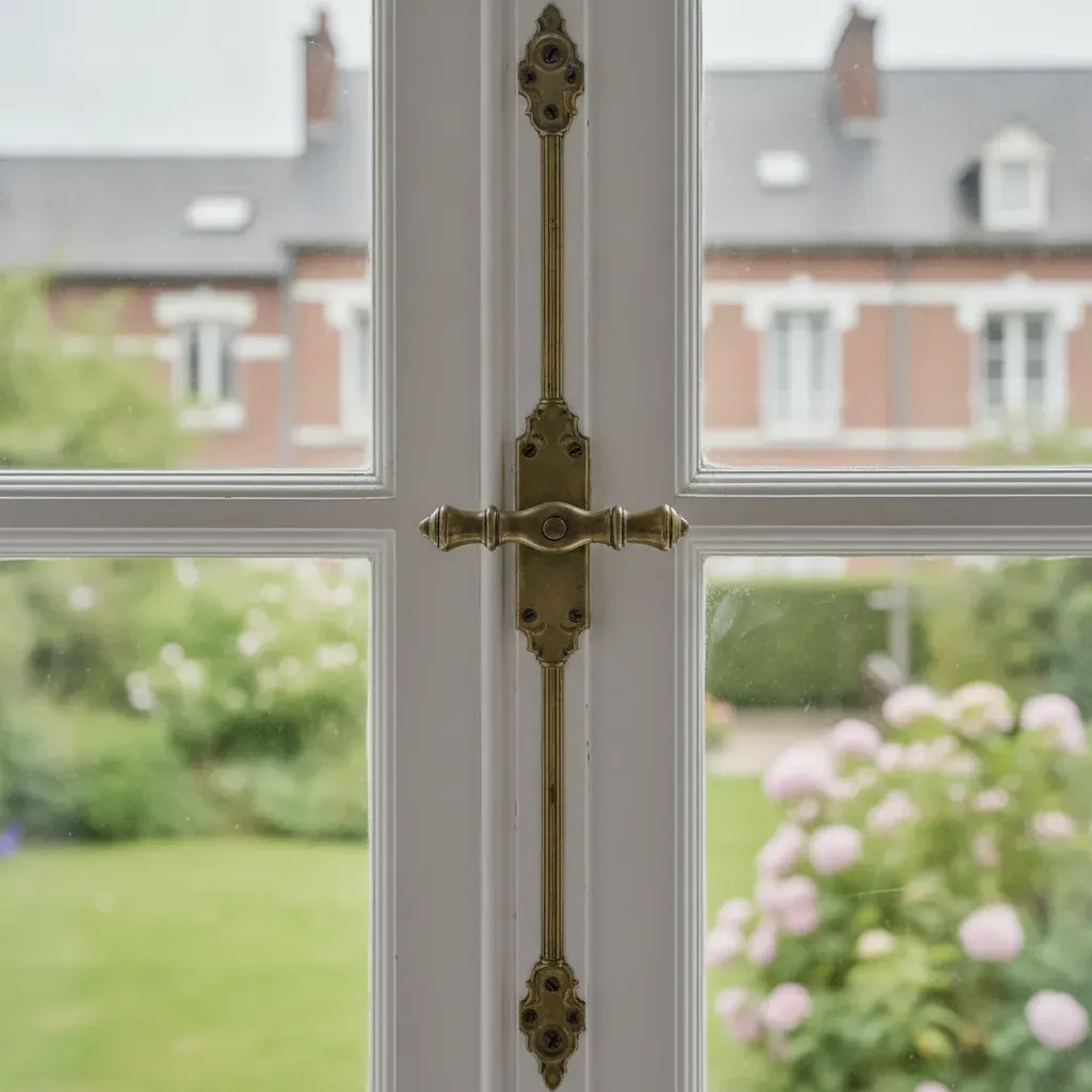 Détail d'une crémone en laiton sur une fenêtre en bois blanc mouluré.