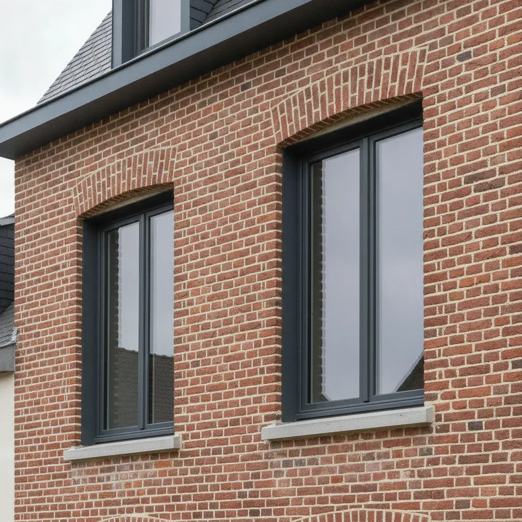 Fenêtres en aluminium gris anthracite sur la façade rénovée en briques rouges d'une maison lilloise de 1930.