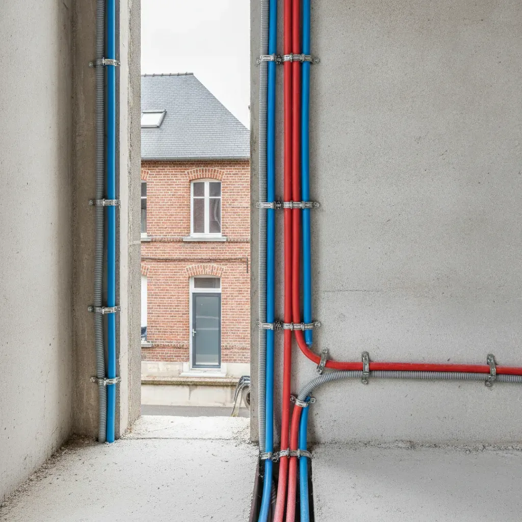 Gaines électriques et tuyaux de plomberie PER fixés sur la structure brute d'un bâtiment.