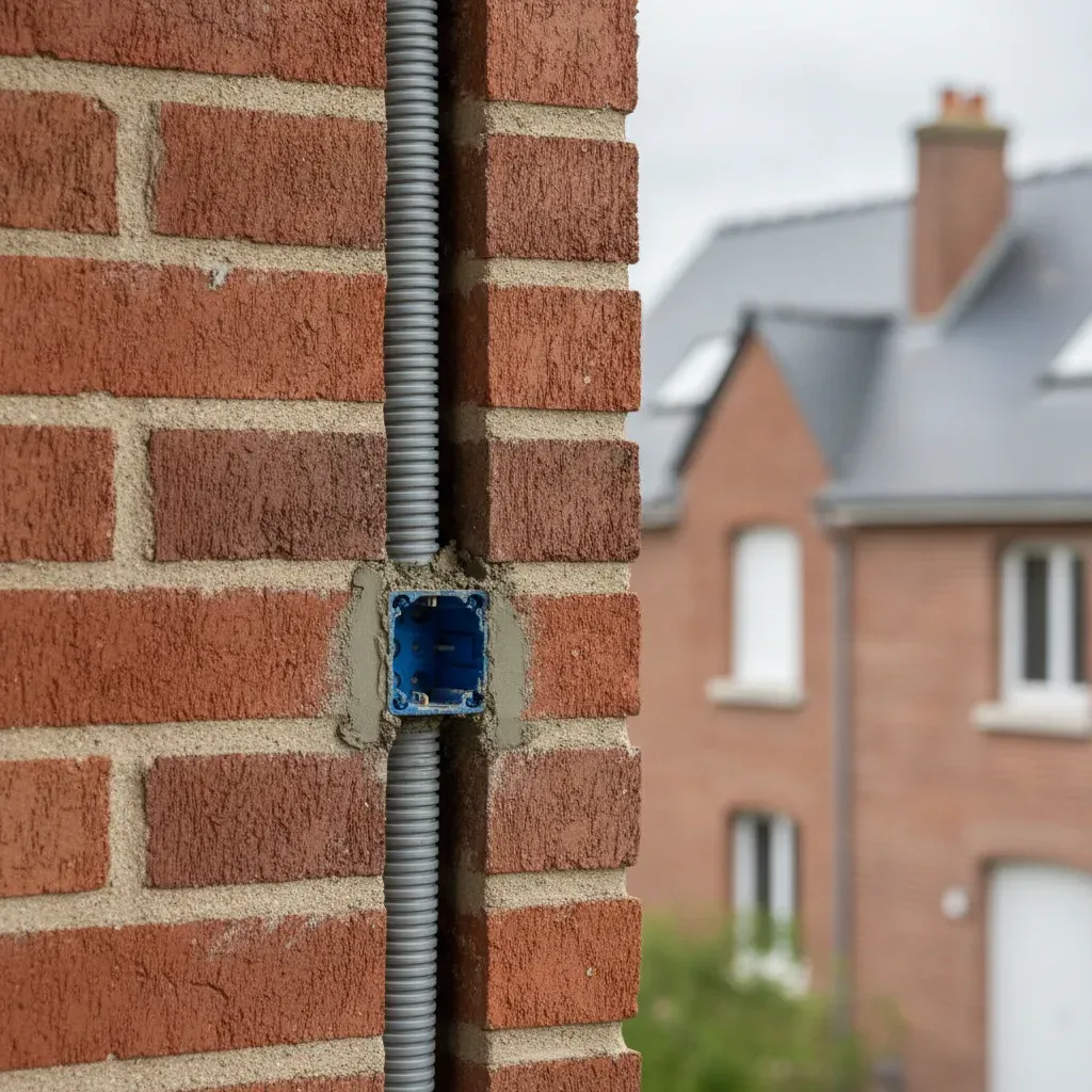 Saignée dans un mur en brique avec gaine électrique grise et boîte d'encastrement scellée au plâtre.