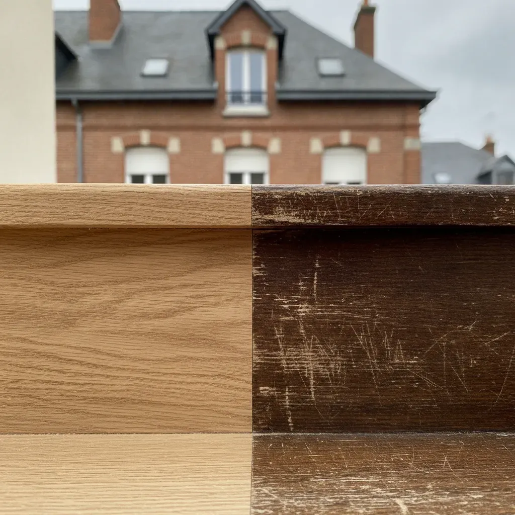 Marche d'escalier en cours de ponçage montrant la différence entre l'ancien vernis et le bois brut.