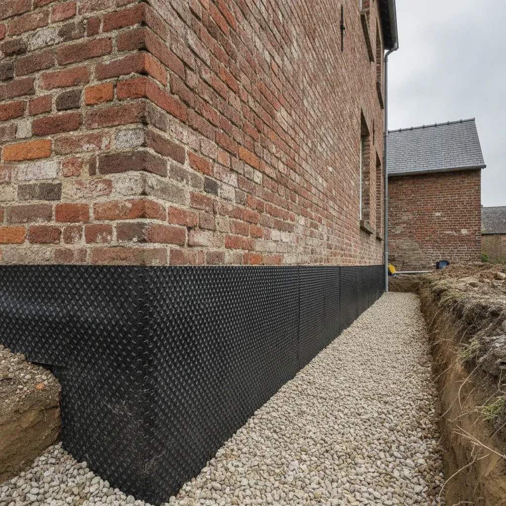 Système de drainage extérieur avec membrane noire et gravier au pied d'un mur en briques anciennes.