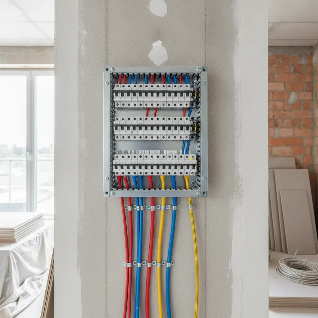 Tableau électrique moderne avec disjoncteurs et gaines de couleur sur un mur brut.