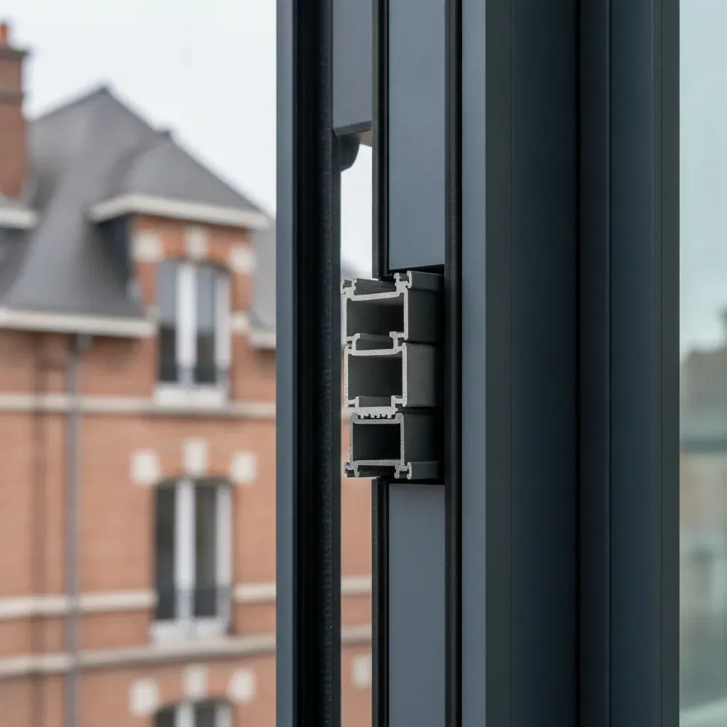 Gros plan sur le profilé d'une fenêtre en aluminium haute performance avec double vitrage et joints d'étanchéité.