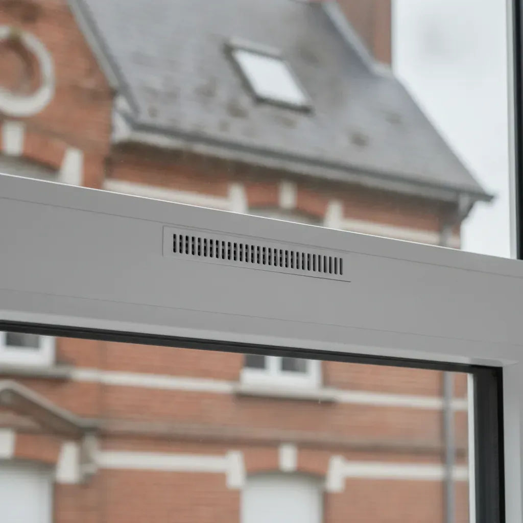 Une grille d'aération hygroréglable blanche installée discrètement sur le haut d'un cadre de fenêtre en PVC.