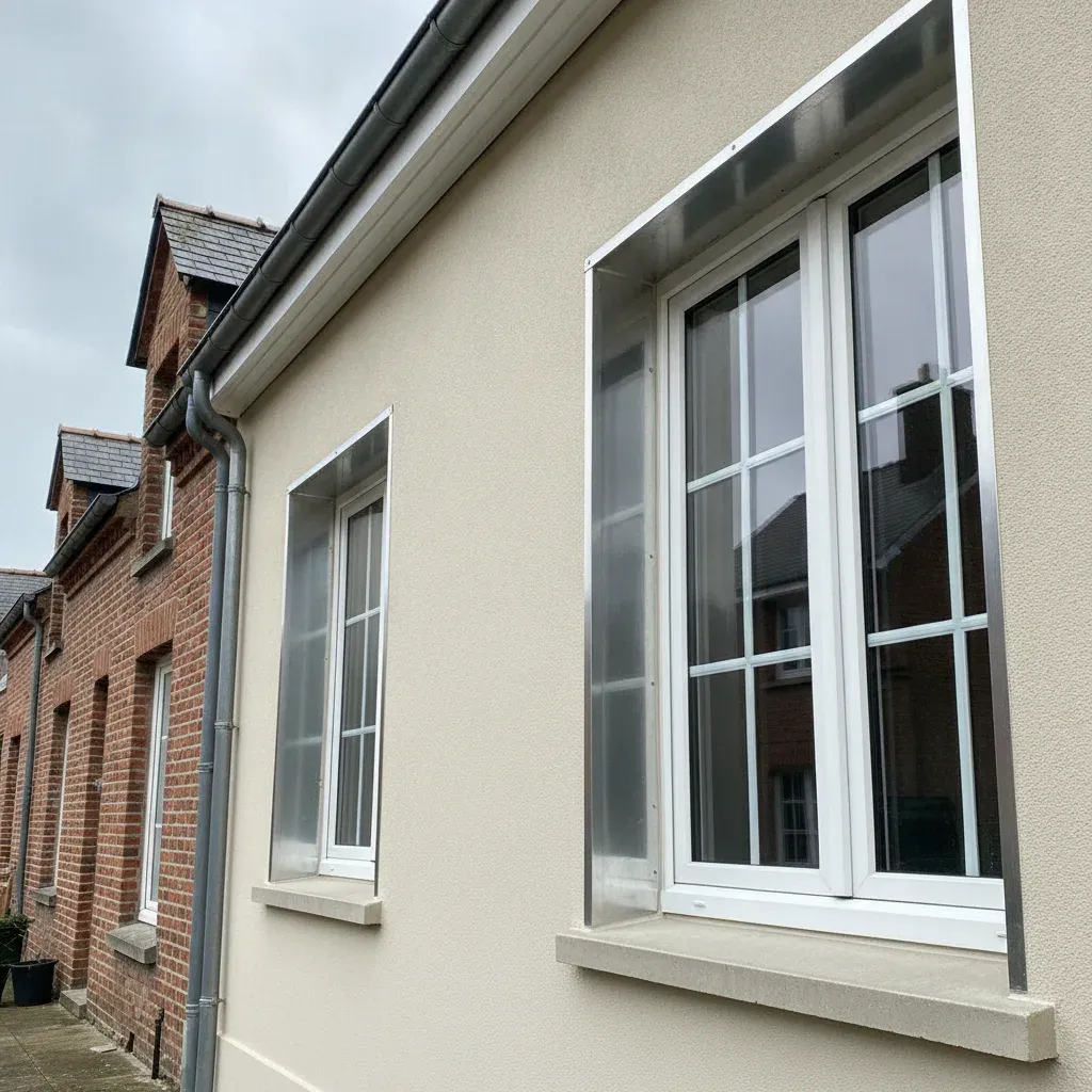 Façade rénovée avec un enduit beige clair et des fenêtres en PVC blanc double vitrage.