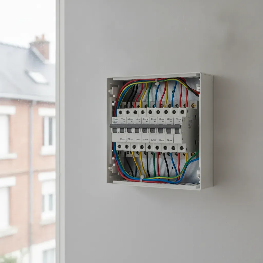 Nouveau tableau électrique moderne avec disjoncteurs et différentiels 30mA câblés proprement.