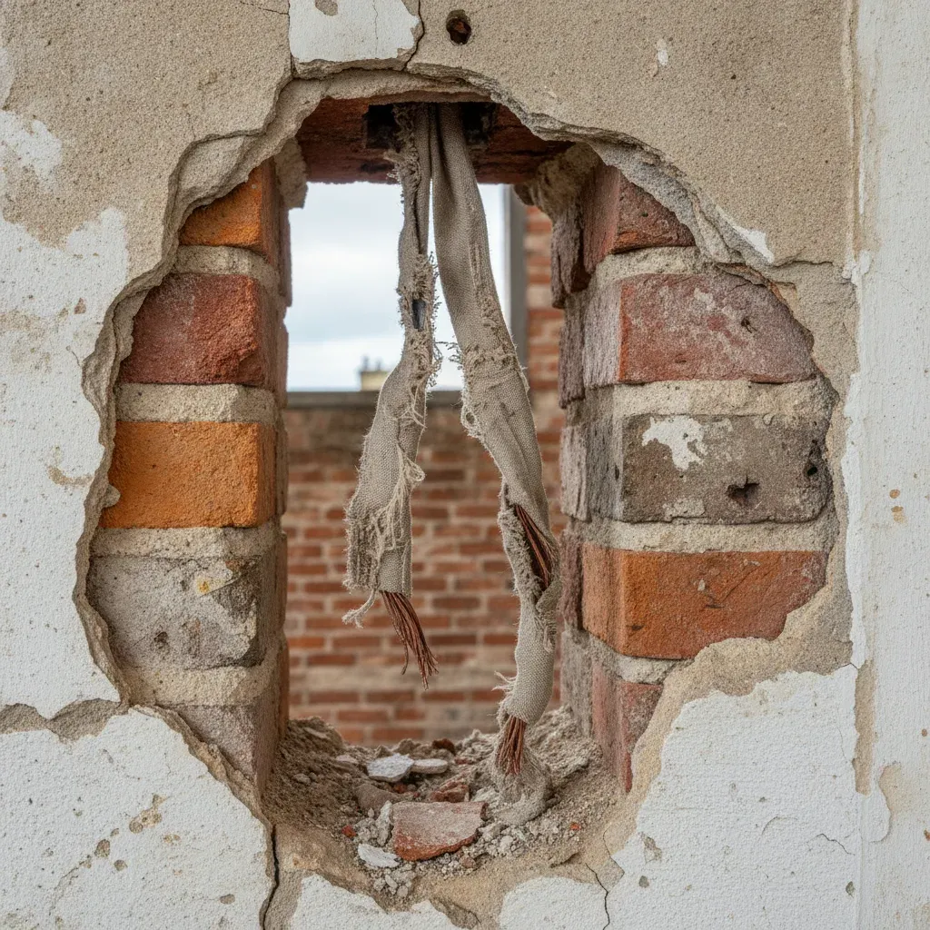 Anciens fils électriques gainés de tissu usé et effiloché dans une cloison en rénovation.