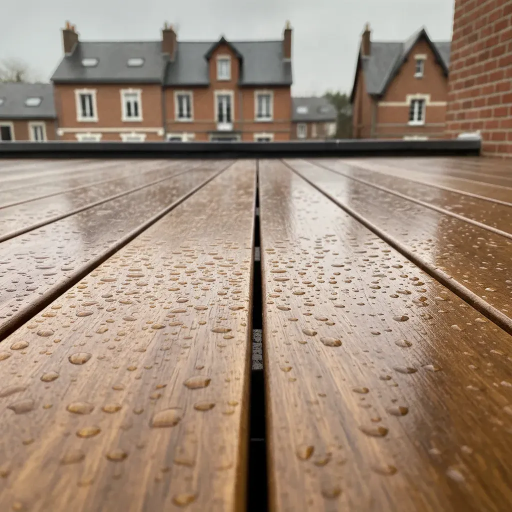 Gros plan sur des lames de terrasse en bois exotique Ipé résistant à l'humidité.
