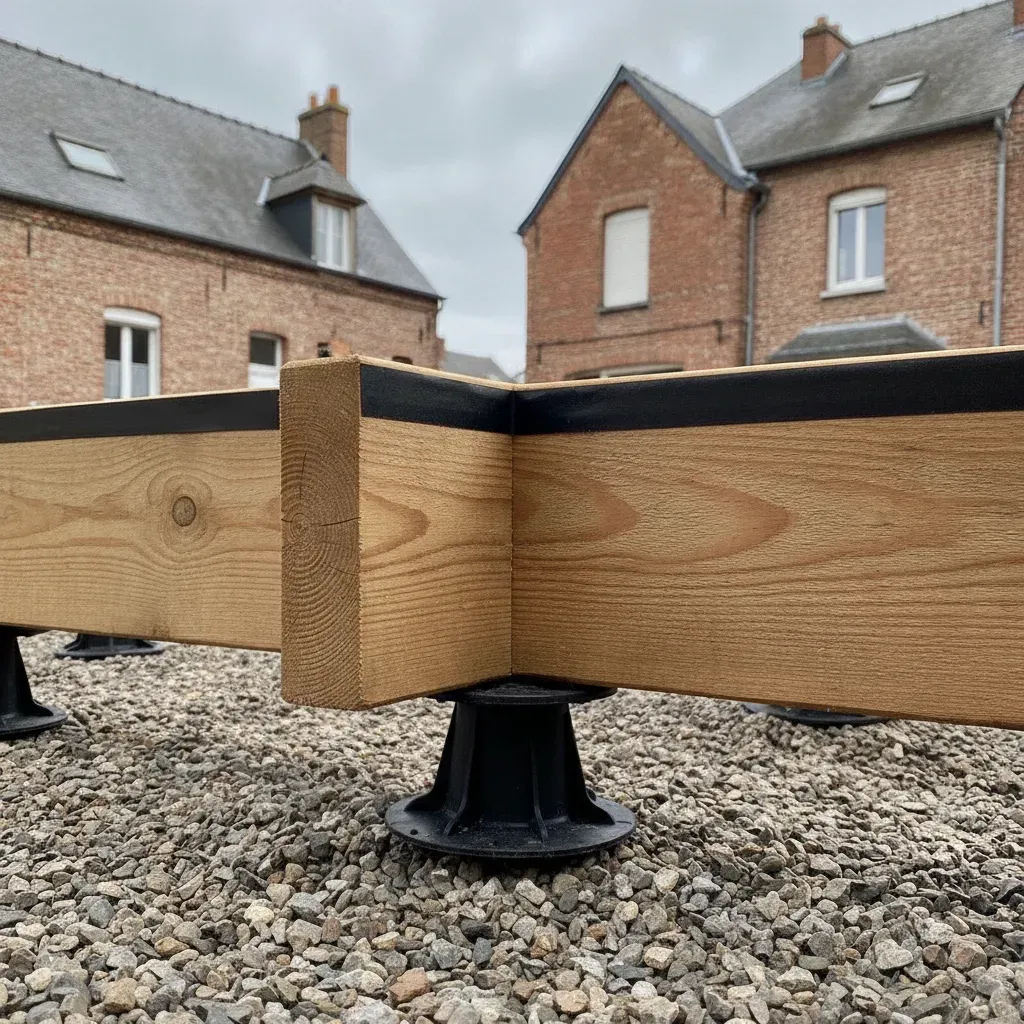 Structure de terrasse en bois avec lambourdes sur plots réglables et bande d'étanchéité.