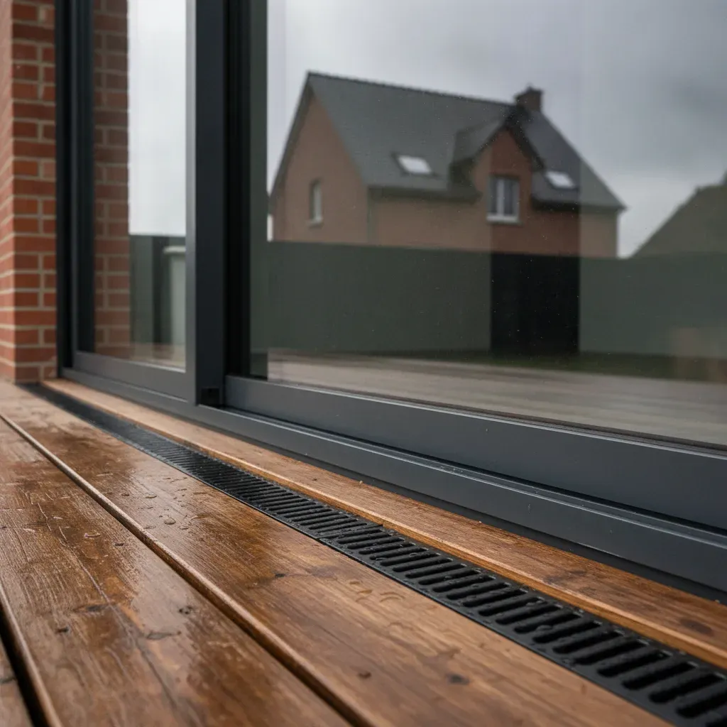 Jonction étanche entre une terrasse en bois et le seuil d'une baie vitrée coulissante.
