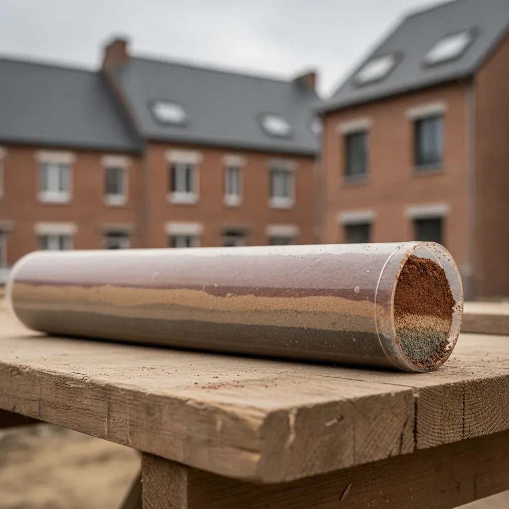 Carotte de sol prélevée lors d'une étude géotechnique G2 montrant les différentes couches de terre.