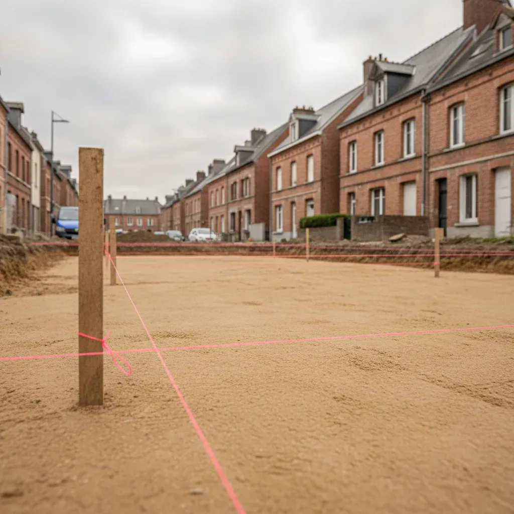 Terrain décaissé et nivelé avec piquets et cordeaux de traçage pour les fondations.