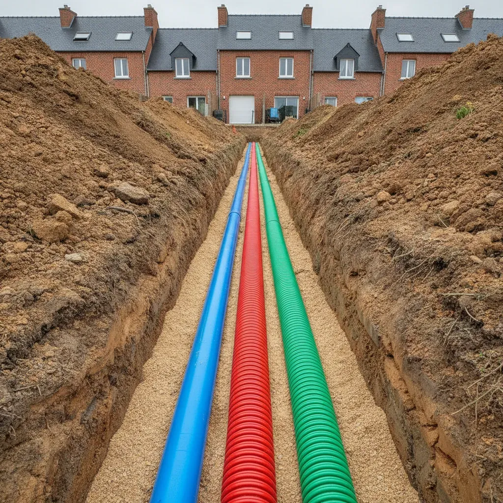 Tranchée de raccordement VRD avec gaines de couleurs réglementaires pour l'eau et l'électricité.
